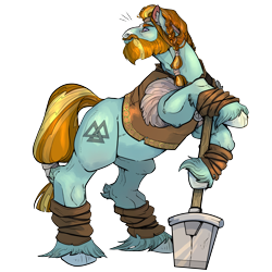 Size: 5906x5906 | Tagged: safe, artist:sourcherry, imported from derpibooru, rockhoof, earth pony, pony, beard, clothes, cutie mark, facial hair, g4 mega collab, long mane, long mane male, male, rockhoof's shovel, shovel, simple background, solo, stallion, transparent background