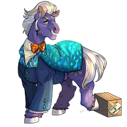 Size: 5906x5906 | Tagged: safe, artist:sourcherry, imported from derpibooru, gladmane, earth pony, pony, bowtie, box, cardboard box, clothes, cutie mark, facial hair, g4 mega collab, looking at you, male, simple background, smiling, smiling at you, solo, stallion, transparent background