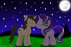 Size: 1600x1067 | Tagged: safe, artist:phantomshadow051, imported from derpibooru, starlight glimmer, oc, oc:brandon, branglimmer, canon x oc, eyes closed, kissing, moon, shipping, stars