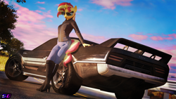 Size: 3840x2160 | Tagged: safe, artist:shadowboltsfm, imported from derpibooru, sunset shimmer, anthro, plantigrade anthro, 3d, 4k, aviator glasses, aviator sunglasses, beautiful, beautisexy, blender, boots, car, clothes, crossed legs, eyelashes, high heel boots, high res, jacket, jeans, lipstick, looking at you, nail polish, not sfm, pants, rubber boots, shoes, smiling, standing, sunglasses, sunset shimmer raincoat