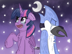 Size: 2160x1620 | Tagged: safe, artist:lynnpone, imported from derpibooru, twilight sparkle, alicorn, pony, unicorn, chest fluff, crossover, crossover shipping, ear fluff, female, floppy ears, galaxy, male, meme, mordecai, mordetwi, regular show, sad, shipping, shipping fuel, straight, twilight sparkle (alicorn)