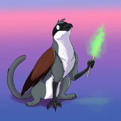 Size: 1000x1000 | Tagged: safe, artist:foxenawolf, imported from derpibooru, oc, oc only, oc:gimlet, griffon, fanfic art, gradient background, griffon magic, griffon oc, gryphon oc, magic, male, solo, wand, wings