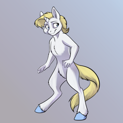 Size: 1000x1000 | Tagged: safe, artist:foxenawolf, imported from derpibooru, oc, oc only, oc:pearl belle, oc:pearl belle (goldfur), anthro, hybrid, unicorn, fanfic:off the mark, fanfic art, female, nudity, offspring, parent:oc:mark wells, parent:rarity, parents:canon x oc, solo, unshorn fetlocks