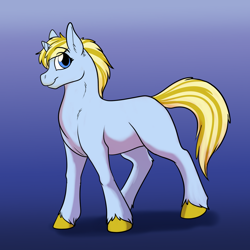 Size: 1000x1000 | Tagged: safe, artist:foxenawolf, imported from derpibooru, oc, oc only, oc:allura lulamoon, pony, unicorn, fanfic:off the mark, blonde hair, blue fur, fanfic art, female, gradient background, offspring, parent:oc:mark wells, parent:trixie, parents:canon x oc, parents:markxie, solo, unshorn fetlocks