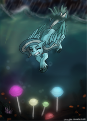 Size: 900x1248 | Tagged: safe, artist:cheesybite, imported from derpibooru, oc, oc only, pegasus, pony, blue eyes, bubble, coral, crepuscular rays, eyelashes, feather, female, flowing mane, glow, glowing, ocean, one eye closed, rain, sky, solo, swimming, teeth, underwater, unshorn fetlocks, water, wings