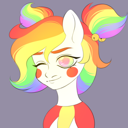 Size: 2000x2000 | Tagged: safe, artist:dollinna, imported from derpibooru, oc, oc only, oc:giggle grin, earth pony, pony, clown, face paint, female, gray background, high res, mare, multicolored hair, one eye closed, rainbow hair, simple background, solo, wink