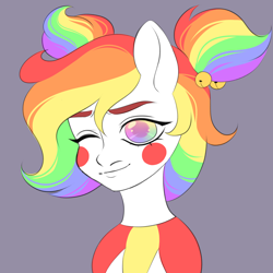 Size: 2000x2000 | Tagged: safe, alternate version, artist:dollinna, derpibooru exclusive, imported from derpibooru, oc, oc only, oc:giggle grin, earth pony, pony, clown, face paint, female, gray background, high res, mare, multicolored hair, one eye closed, rainbow hair, simple background, solo, wink