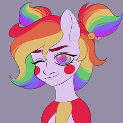 Size: 2000x2000 | Tagged: safe, alternate version, artist:dollinna, derpibooru exclusive, imported from derpibooru, oc, oc only, oc:giggle grin, earth pony, pony, clown, face paint, female, gray background, high res, mare, multicolored hair, one eye closed, rainbow hair, simple background, solo, wink