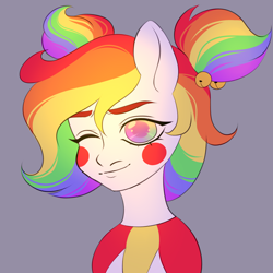 Size: 2000x2000 | Tagged: safe, alternate version, artist:dollinna, derpibooru exclusive, imported from derpibooru, oc, oc only, oc:giggle grin, earth pony, pony, clown, face paint, female, gray background, high res, mare, multicolored hair, one eye closed, rainbow hair, simple background, solo, wink