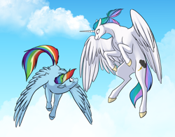 Size: 1008x792 | Tagged: safe, artist:foxenawolf, imported from derpibooru, rainbow dash, oc, oc:mark wells, alicorn, pegasus, pony, fanfic:off the mark, canon x oc, cutie mark, duo, fanfic art, female, flying, hooves, multicolored hair, not princess celestia, rainbow hair, sky, unshorn fetlocks, wings