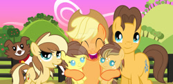 Size: 1024x501 | Tagged: safe, artist:velveagicsentryyt, imported from derpibooru, applejack, caramel, winona, oc, oc:apple flower, oc:apple pie, oc:appleseed, dog, pony, baby, baby pony, carajack, female, filly, male, offspring, parent:applejack, parent:caramel, parents:carajack, shipping, straight, uvula