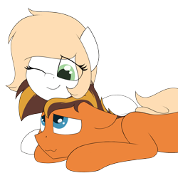 Size: 1700x1700 | Tagged: safe, artist:ponynamedmixtape, imported from derpibooru, oc, oc only, oc:mixtape, oc:stumm, earth pony, pony, adopted offspring, comforting, duo, female, lying down, male, mother and child, mother and son, simple background, snuggling, transparent background