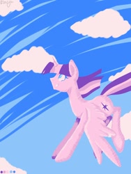 Size: 600x800 | Tagged: safe, artist:maeveadair, imported from derpibooru, twilight sparkle, alicorn, pony, cloud, flying, limited palette, no pupils, sky background, smiling, solo, twilight sparkle (alicorn)