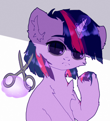 Size: 2000x2200 | Tagged: safe, artist:etoz, imported from derpibooru, twilight sparkle, pony, unicorn, chest fluff, ear fluff, floppy ears, haircut, high res, magic, sad, scissors, solo, telekinesis, unicorn twilight