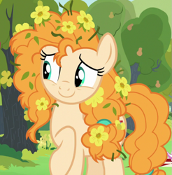 Size: 877x893 | Tagged: safe, imported from derpibooru, screencap, pear butter, earth pony, pony, season 7, the perfect pear, cropped, cute, female, flower, flower in hair, flowers everywhere, mare, messy mane, pearabetes, raised hoof