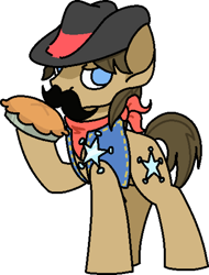 Size: 1191x1563 | Tagged: safe, artist:skookz, imported from derpibooru, sheriff silverstar, earth pony, pony, badge, bandana, clothes, facial hair, food, hat, male, moustache, pie, serious, simple background, solo, stallion, transparent background, vest