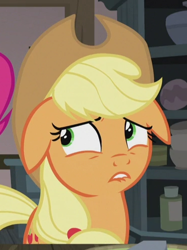 Size: 372x497 | Tagged: safe, imported from derpibooru, screencap, applejack, pinkie pie, earth pony, pony, hearthbreakers, applejack's hat, cowboy hat, cropped, duo, duo female, female, floppy ears, hat, lip bite, nervous, offscreen character, solo, solo focus