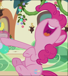 Size: 642x724 | Tagged: safe, imported from derpibooru, screencap, lemon hearts, pinkie pie, earth pony, pony, unicorn, hearthbreakers, season 5, cropped, cute, diapinkes, glowing horn, horn, laughing, magic, magic aura, mawshot, newspaper, nose in the air, open mouth, sitting, solo focus, train, uvula, volumetric mouth