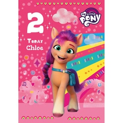 Size: 1500x1500 | Tagged: safe, imported from derpibooru, sunny starscout, earth pony, pony, 2, abstract background, birthday card, card, female, g5, mare, merchandise, my little pony logo, official, solo, text