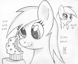 Size: 550x451 | Tagged: safe, artist:srmario, imported from derpibooru, derpy hooves, pegasus, pony, duo, eating, eyelashes, female, food, grayscale, lineart, mare, monochrome, muffin, smiling, tongue out, traditional art