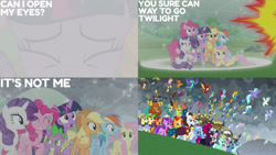 Size: 1280x720 | Tagged: safe, edit, edited screencap, editor:quoterific, imported from derpibooru, screencap, applejack, bon bon, flam, flim, fluttershy, garble, lemon hearts, lyra heartstrings, minuette, moondancer, pinkie pie, princess ember, rainbow dash, rarity, soarin', spike, spitfire, sweetie drops, tempest shadow, trixie, twilight sparkle, alicorn, dragon, earth pony, hippogriff, pegasus, pony, unicorn, yak, season 9, the ending of the end, spoiler:s09, ^^, applejack's hat, clothes, cowboy hat, eyes closed, female, flim flam brothers, glowing horn, hat, horn, magic, magic aura, male, mane seven, mane six, mare, open mouth, smiling, stallion, twilight sparkle (alicorn), uniform, winged spike, wonderbolts uniform