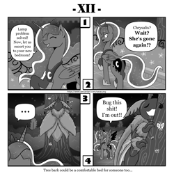 Size: 1200x1200 | Tagged: safe, artist:vavacung, imported from derpibooru, princess luna, queen chrysalis, alicorn, insect, moth, comic:out of chrysalis, comic, cross-popping veins, female, species swap