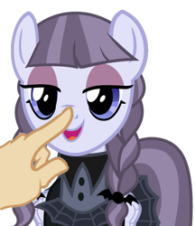 Size: 832x961 | Tagged: safe, artist:hendro107, edit, editor:undeadponysoldier, imported from ponybooru, vector edit, inky rose, human, pegasus, pony, boop, boop accepted, clothes, cute, cute smile, eyeliner, female, goth, gothic eyeliner, hairpin, happy, inkybetes, lidded eyes, makeup, mare, offscreen character, offscreen human, open mouth, pigtails, simple background, skirt, smiling, transparent background, vector