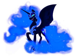 Size: 1990x1470 | Tagged: safe, artist:brisineo, nightmare moon, alicorn, pony, armor, fangs, glowing eyes, glowing mane, jewelry, looking at you, open mouth, raised hoof, regalia, simple background, smiling, solo, transparent background