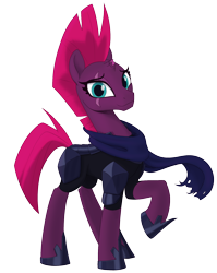 Size: 1556x1956 | Tagged: safe, artist:brisineo, fizzlepop berrytwist, tempest shadow, pony, unicorn, armor, clothes, featured image, looking at you, raised leg, scarf, simple background, smiling, solo, transparent background