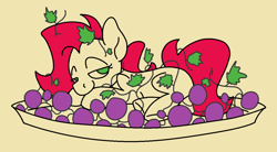Size: 2466x1362 | Tagged: safe, artist:skookz, imported from derpibooru, oc, oc only, oc:love stroke, earth pony, pony, content, female, food, grapes, leaves, looking at you, lying down, mare, on side, plate, side, simple background, solo, vine