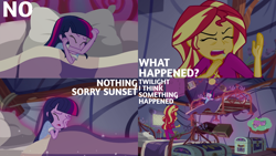 Size: 1280x720 | Tagged: safe, edit, edited screencap, editor:quoterific, imported from derpibooru, screencap, sci-twi, spike, spike the regular dog, sunset shimmer, twilight sparkle, dog, equestria girls, legend of everfree, bed, clothes, eyes closed, female, magic, open mouth, pajamas, pillow, spike the dog, telekinesis