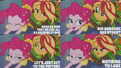 Size: 1280x720 | Tagged: safe, edit, edited screencap, editor:quoterific, imported from derpibooru, screencap, pinkie pie, sunset shimmer, equestria girls, equestria girls series, holidays unwrapped, spoiler:eqg series (season 2), cornucopia costumes, eyes closed, female, grin, lying down, o come all ye squashful, open mouth, smiling