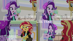 Size: 1280x720 | Tagged: safe, edit, edited screencap, editor:quoterific, imported from derpibooru, screencap, starlight glimmer, sunset shimmer, equestria girls, mirror magic, spoiler:eqg specials, clothes, female, food, geode of empathy, ice cream, jacket, jewelry, leather, leather jacket, magical geodes, necklace, open mouth, that human sure does love ice cream