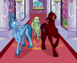 Size: 1000x818 | Tagged: safe, artist:foxenawolf, imported from derpibooru, oc, oc:crimson boulder, oc:mark wells, oc:steady flight, earth pony, pegasus, fanfic:off the mark, blonde hair, canterlot castle, carpet, earth pony oc, eyeroll, eyes closed, fanfic art, feathered wings, laughing, open mouth, pegasus oc, pillar, stained glass, stained glass window, talking, wings