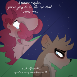 Size: 1280x1280 | Tagged: safe, artist:moodi, imported from derpibooru, pinkie pie, earth pony, pony, raccoon, blushing, crossover, crossover shipping, duo, female, male, regular show, rigby, rigbypie, shipping, straight, why, wonderwall