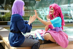 Size: 720x480 | Tagged: safe, artist:littlemissbloo, artist:sarahndipity cosplay, imported from derpibooru, maud pie, pinkie pie, human, bronycon, bronycon 2015, equestria girls, clothes, cosplay, costume, irl, irl human, pattycakes, photo