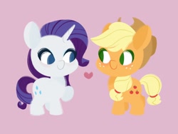 Size: 2048x1536 | Tagged: safe, artist:ethereanunicorn, imported from derpibooru, applejack, rarity, earth pony, pony, unicorn, chibi, cute, female, heart, jackabetes, lesbian, looking at each other, mare, no pupils, pink background, raised hoof, raribetes, rarijack, shipping, simple background