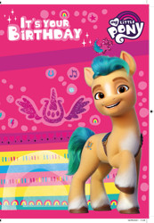 Size: 553x800 | Tagged: safe, imported from derpibooru, hitch trailblazer, earth pony, pony, abstract background, birthday card, card, g5, male, merchandise, my little pony logo, official, solo, stallion, template, text