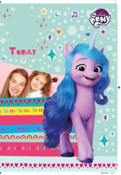 Size: 553x800 | Tagged: safe, imported from derpibooru, izzy moonbow, human, pony, unicorn, abstract background, birthday card, card, female, g5, irl, irl human, mare, merchandise, my little pony logo, official, photo, template, text