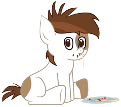 Size: 3000x2648 | Tagged: safe, artist:funnystargalloper, derpibooru exclusive, imported from derpibooru, pipsqueak, earth pony, pony, clip studio paint, colt, g4 mega collab, high res, looking at you, male, pipsqueak eating spaghetti, plate, simple background, sitting, solo, transparent background