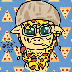 Size: 2000x2000 | Tagged: safe, artist:papacruda09, imported from derpibooru, oc, oc only, oc:oaky, earth pony, food pony, original species, pizza pony, pony, background, earth pony oc, food, glasses, hat, high res, melted, mushroom, mushroom hat, pizza, ponified