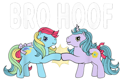 Size: 900x600 | Tagged: safe, imported from derpibooru, princess sparkle, sunlight (g1), earth pony, pony, unicorn, design, duo, female, g1, hoofbump, mare, merchandise, official, shirt design, simple background, text, transparent background