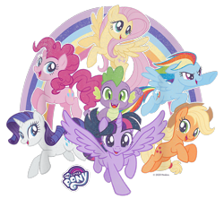 Size: 900x800 | Tagged: safe, imported from derpibooru, applejack, fluttershy, pinkie pie, rainbow dash, rarity, spike, twilight sparkle, alicorn, dragon, earth pony, pegasus, pony, unicorn, applejack's hat, cowboy hat, design, female, g4, hat, male, mane seven, mane six, mare, merchandise, my little pony logo, official, rainbow, shirt design, simple background, text, transparent background, twilight sparkle (alicorn)