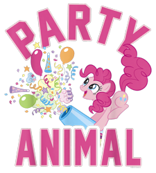 Size: 900x1000 | Tagged: safe, imported from derpibooru, pinkie pie, earth pony, pony, balloon, confetti, design, female, g4, mare, merchandise, official, party cannon, party horn, shirt design, simple background, solo, text, transparent background
