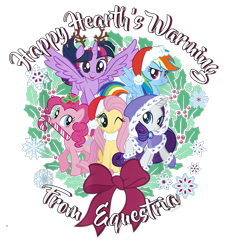 Size: 900x1000 | Tagged: safe, imported from derpibooru, applejack, fluttershy, pinkie pie, rainbow dash, rarity, twilight sparkle, alicorn, earth pony, pegasus, pony, unicorn, bow, candy, candy cane, christmas, clothes, coat, design, female, food, g4, hasbro, hat, hearth's warming, holiday, holly, mane six, mare, merchandise, official, santa hat, shirt design, simple background, snow, snowflake, text, transparent background, twilight sparkle (alicorn)