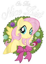 Size: 750x1050 | Tagged: safe, imported from derpibooru, fluttershy, pegasus, pony, bauble, bow, christmas ornament, christmas wreath, decoration, design, female, g4, mare, merchandise, official, shirt design, simple background, solo, stars, text, transparent background, wreath