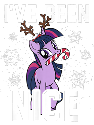 Size: 600x800 | Tagged: safe, imported from derpibooru, twilight sparkle, pony, unicorn, antlers, candy, candy cane, design, female, food, g4, mare, merchandise, mouth hold, official, reindeer antlers, shirt design, simple background, solo, text, transparent background, unicorn twilight