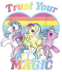 Size: 850x1000 | Tagged: safe, imported from derpibooru, glory, skydancer, twilight, pegasus, pony, unicorn, design, female, g1, heart, mare, merchandise, official, pride flag, rainbow, shirt design, simple background, text, transparent background, trio, twilight (g1)