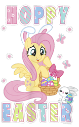 Size: 500x800 | Tagged: safe, imported from derpibooru, angel bunny, fluttershy, butterfly, pegasus, pony, rabbit, animal, basket, bow, bunny ears, design, duo, easter, easter egg, female, flower, g4, holiday, male, mare, merchandise, official, shirt design, simple background, text, transparent background