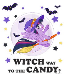 Size: 800x950 | Tagged: safe, imported from derpibooru, twilight sparkle, alicorn, bat, pony, broom, design, female, flying, flying broomstick, full moon, g4, halloween, hat, holiday, mare, merchandise, moon, official, shirt design, simple background, stars, text, transparent background, twilight sparkle (alicorn), witch, witch hat